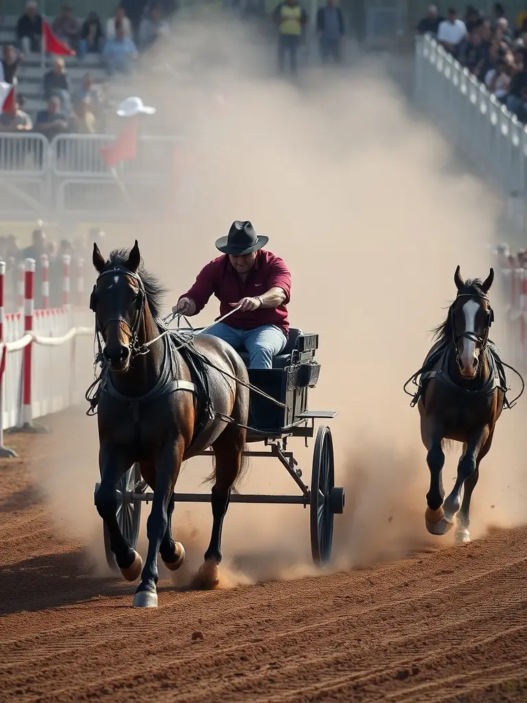 An action shot of a carriage driving competition, capturing the intensity and skill of the participants as they navigate a challenging course.