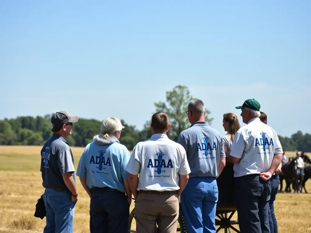 A photograph of a group of ADAA members participating in a carriage driving workshop, learning new techniques and sharing their passion for the sport.
