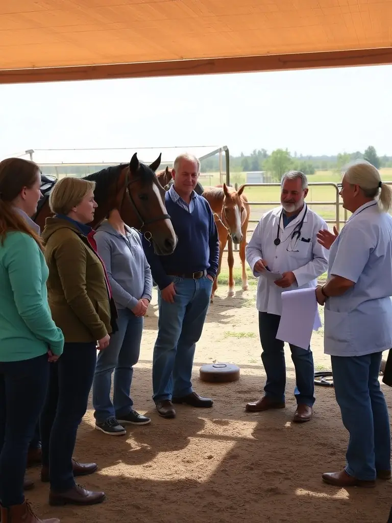 A photo showing ADAA members gathered at a workshop, learning about horse care and maintenance from an experienced veterinarian. The image highlights the educational aspect of ADAA's activities.