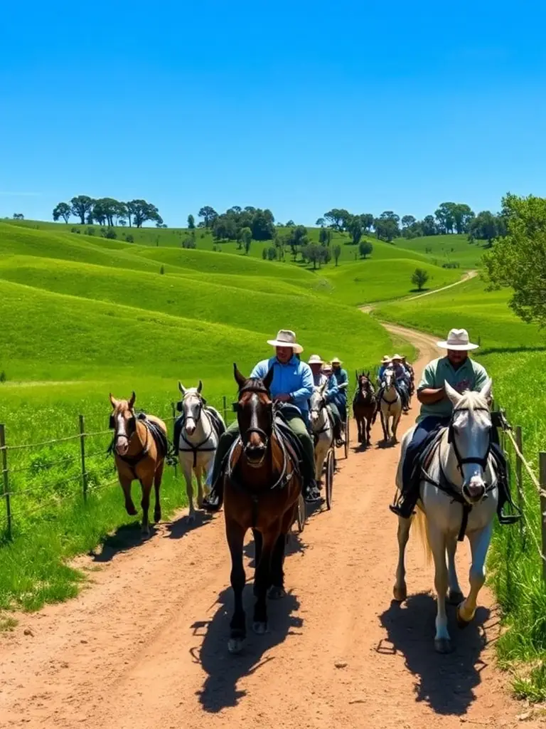 A photograph depicting a group of ADAA members participating in a carriage driving training session in a scenic Aveyron countryside setting. The focus is on the teamwork between the drivers and their horses, showcasing the practical skills being taught.