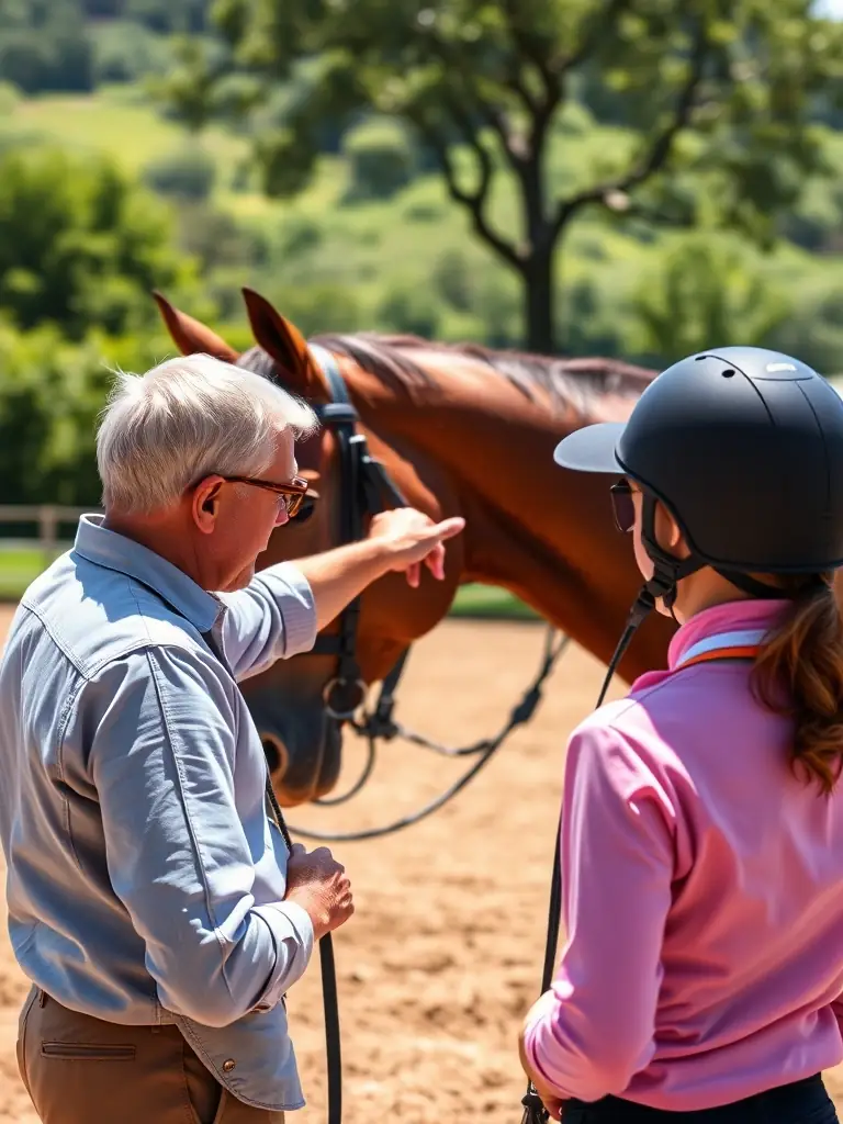 A scenic image of a carriage driving training session, showcasing participants of various ages and skill levels learning from an experienced instructor in a lush green field.